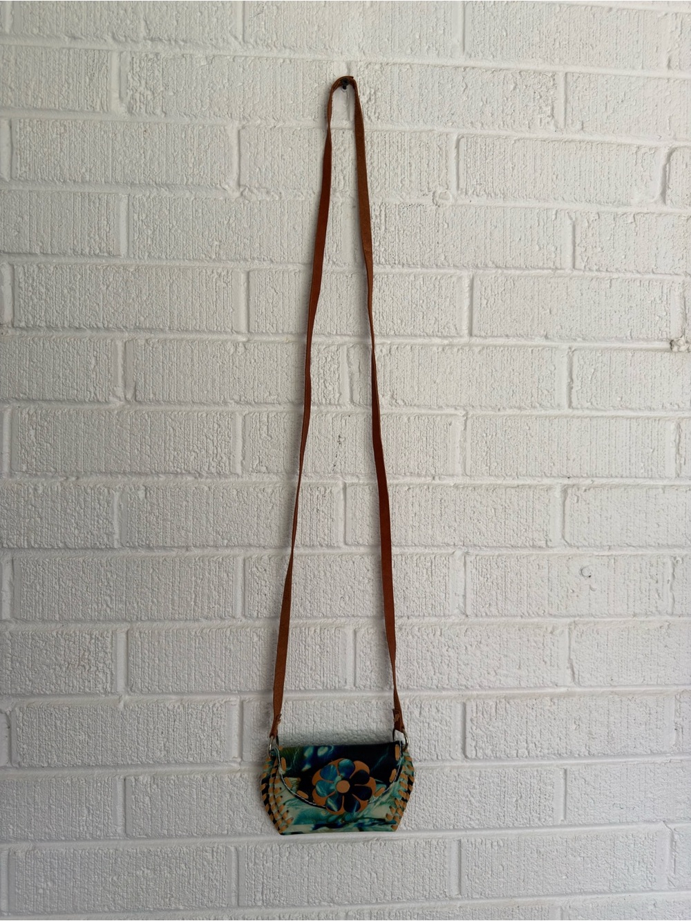 Made in Mexico Leather Floral Crossbody Bag in Turquoise and Brown